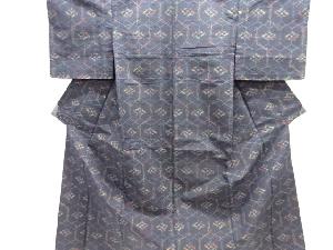 亀甲に抽象模様織出し手織り紬単衣着物